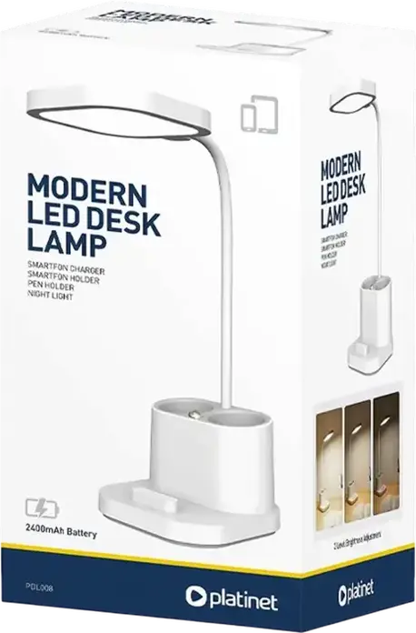 Platinet PDL008 LED Desk Lamp, 5W 200Lm, 3 Color Temperatures, 3 Brightness Levels, 2400mAh Battery, USB Charging, Pen and Smartphone Holder, White