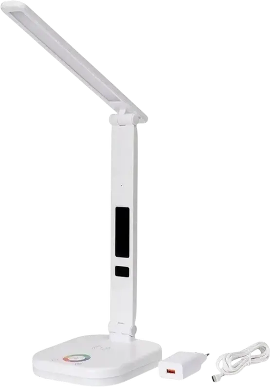 Lampa de birou LED Platinet PDL711RGB, 6W, 300 Lm, 3 Nivele Luminozitate, 3000K-6500K, Pad Incarcare Wireless, Lumina Ambientala RGB, Display Digital, Alb