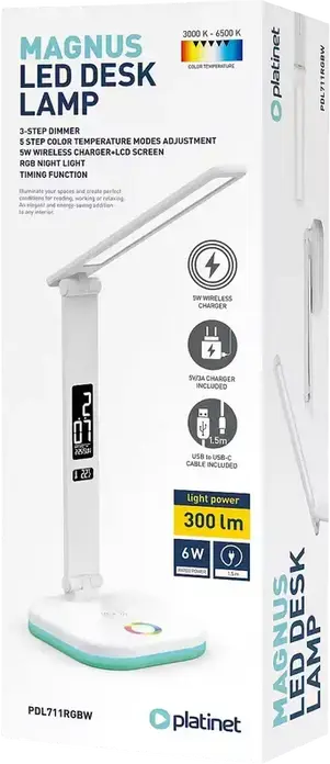 Lampa de birou LED Platinet PDL711RGB, 6W, 300 Lm, 3 Nivele Luminozitate, 3000K-6500K, Pad Incarcare Wireless, Lumina Ambientala RGB, Display Digital, Alb