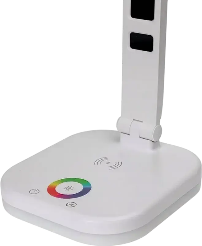 Lampa de birou LED Platinet PDL711RGB, 6W, 300 Lm, 3 Nivele Luminozitate, 3000K-6500K, Pad Incarcare Wireless, Lumina Ambientala RGB, Display Digital, Alb