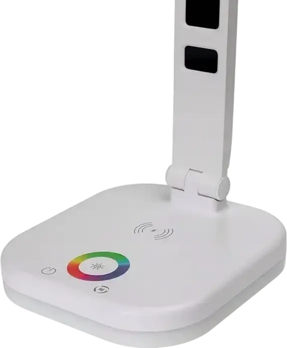 Lampa de birou LED Platinet PDL711RGB, 6W, 300 Lm, 3 Nivele Luminozitate, 3000K-6500K, Pad Incarcare Wireless, Lumina Ambientala RGB, Display Digital, Alb