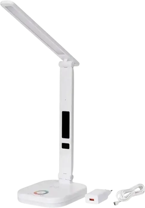 Lampa de birou LED Platinet PDL711RGB, 6W, 300 Lm, 3 Nivele Luminozitate, 3000K-6500K, Pad Incarcare Wireless, Lumina Ambientala RGB, Display Digital, Alb