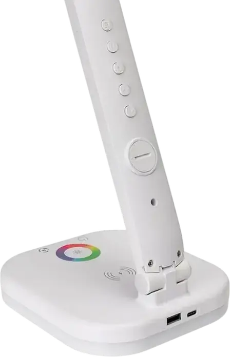 Lampa de birou LED Platinet PDL711RGB, 6W, 300 Lm, 3 Nivele Luminozitate, 3000K-6500K, Pad Incarcare Wireless, Lumina Ambientala RGB, Display Digital, Alb