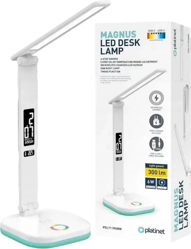 Lampa de birou LED Platinet PDL711RGB, 6W, 300 Lm, 3 Nivele Luminozitate, 3000K-6500K, Pad Incarcare Wireless, Lumina Ambientala RGB, Display Digital, Alb