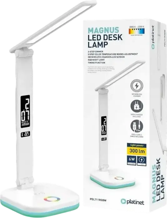 Lampa de birou LED Platinet PDL711RGB, 6W, 300 Lm, 3 Nivele Luminozitate, 3000K-6500K, Pad Incarcare Wireless, Lumina Ambientala RGB, Display Digital, Alb