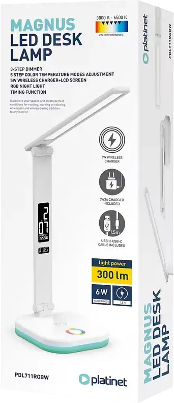 Lampa de birou LED Platinet PDL711RGB, 6W, 300 Lm, 3 Nivele Luminozitate, 3000K-6500K, Pad Incarcare Wireless, Lumina Ambientala RGB, Display Digital, Alb