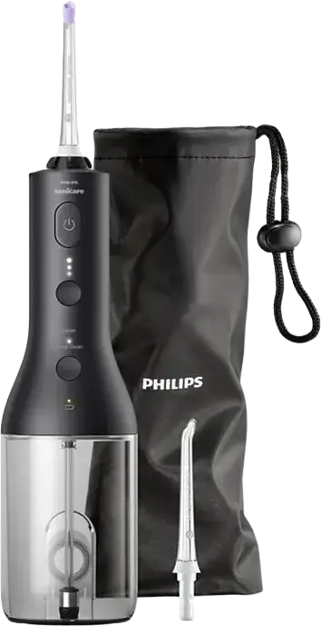 Philips HX3826/33 Irigator Oral cu Baterie, Negru, 3 Moduri de Intensitate, Set de 2 Duze, Capete W2 Optimal White, Geanta de Calatie si Incarcator