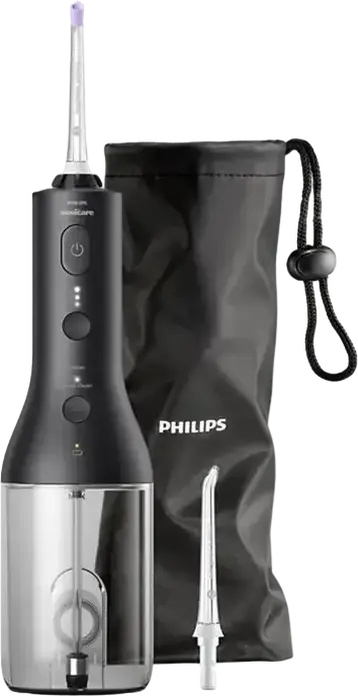 Philips HX3826/33 Irigator Oral cu Baterie, Negru, 3 Moduri de Intensitate, Set de 2 Duze, Capete W2 Optimal White, Geanta de Calatie si Incarcator