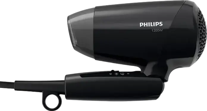 Компактный фен Philips EssentialCare BHC010/10, 1200 Вт, 3 режима температуры и 2 режима скорости, холодный обдув, складная ручка, концентратор, черный