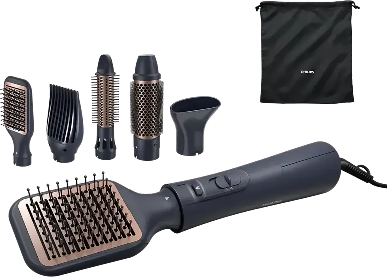 Philips BHA530/00 Perie Uscător de Păr, 1000W, Duze din Ceramică, Ionizare, 3 Trepte de Temperatură, 2 Moduri Flux Aer, Negru, Set de 6 Accesorii și Geantă