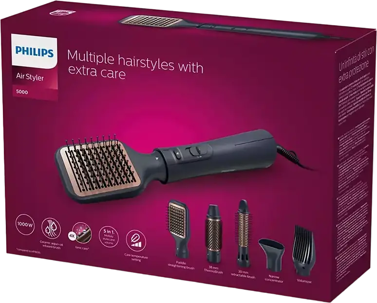 Philips BHA530/00 Perie Uscător de Păr, 1000W, Duze din Ceramică, Ionizare, 3 Trepte de Temperatură, 2 Moduri Flux Aer, Negru, Set de 6 Accesorii și Geantă
