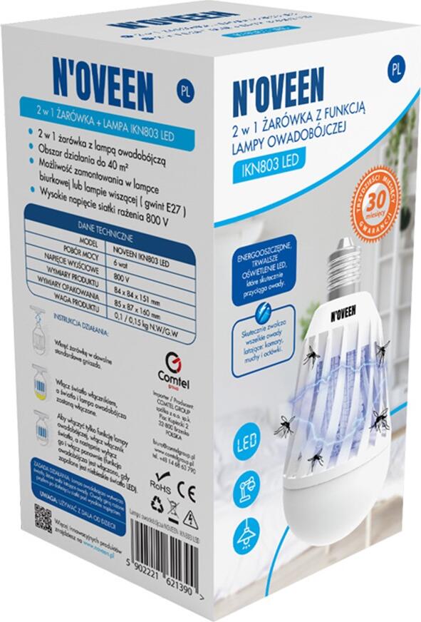 Bec LED Noveen IKN803 2-in-1 cu Lampa Insecticida, Soclu E27, 6W, LED UV, Grila Electrica de Alta Tensiune, Acoperire 40m2, Alb