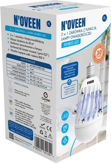 Bec LED Noveen IKN803 2-in-1 cu Lampa Insecticida, Soclu E27, 6W, LED UV, Grila Electrica de Alta Tensiune, Acoperire 40m2, Alb