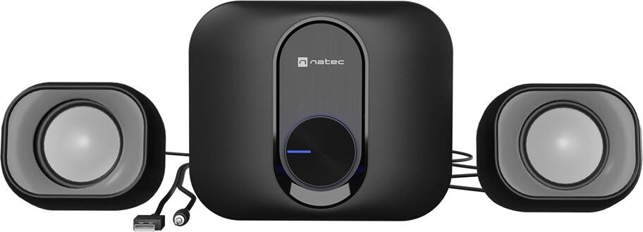 Sistem de Difuzoare Multimedia Natec PUG 2.1, Set de 3 piese, Putere Totala 11W, Alimentare USB, Jack 3.5mm, Control Volum cu LED Albastru, Negru