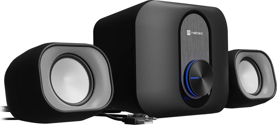 Sistem de Difuzoare Multimedia Natec PUG 2.1, Set de 3 piese, Putere Totala 11W, Alimentare USB, Jack 3.5mm, Control Volum cu LED Albastru, Negru
