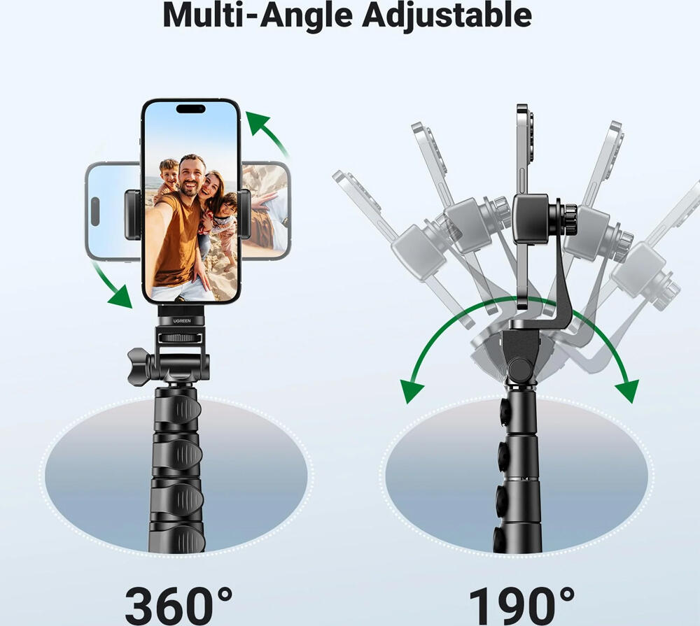 Ugreen 15609 Tripod si Selfie Stick 2-in-1 pentru Telefon, Stativ Extensibil 180cm din Aliaj de Aluminiu cu Telecomanda Bluetooth Detasabila, Negru