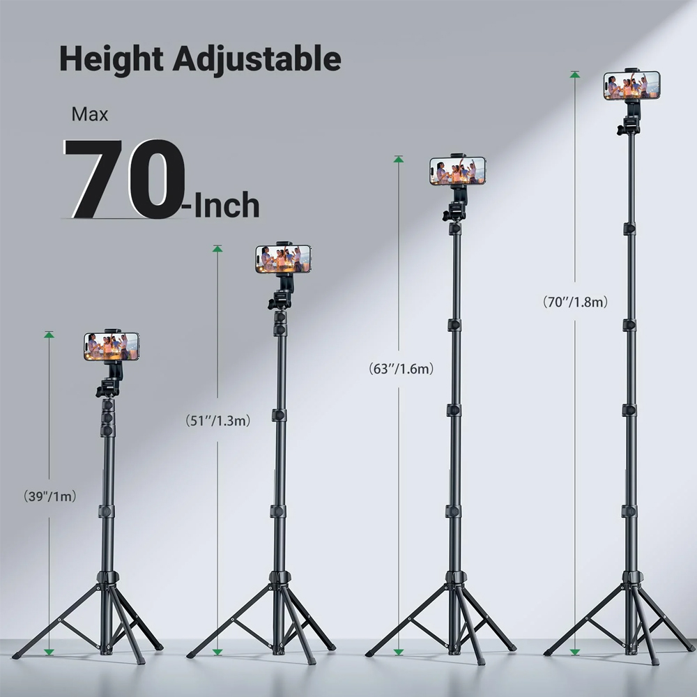 Ugreen 15609 Tripod si Selfie Stick 2-in-1 pentru Telefon, Stativ Extensibil 180cm din Aliaj de Aluminiu cu Telecomanda Bluetooth Detasabila, Negru