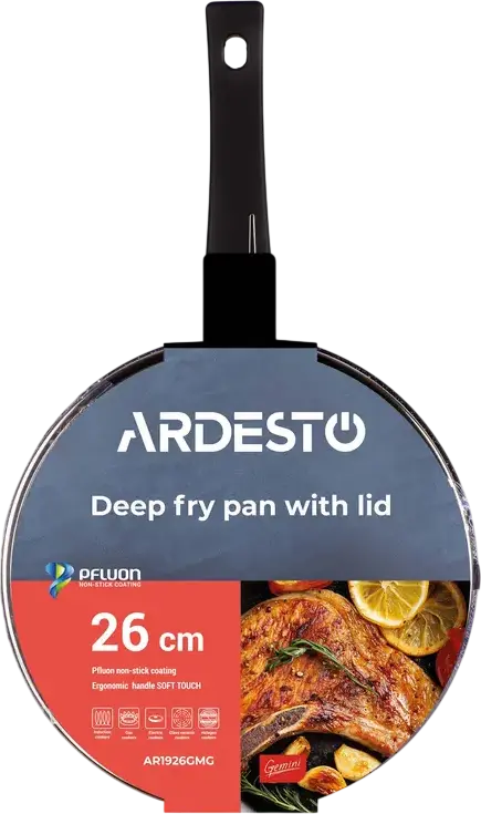 Глубокая сковорода Ardesto AR1926GMG Gemini Gourmet Andria 26 см, алюминий с антипригарным покрытием PFLUON, стеклянная крышка, для индукции, черная