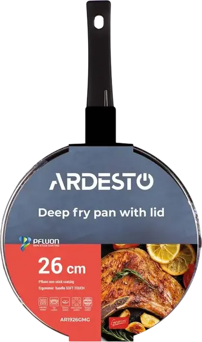 Глубокая сковорода Ardesto AR1926GMG Gemini Gourmet Andria 26 см, алюминий с антипригарным покрытием PFLUON, стеклянная крышка, для индукции, черная