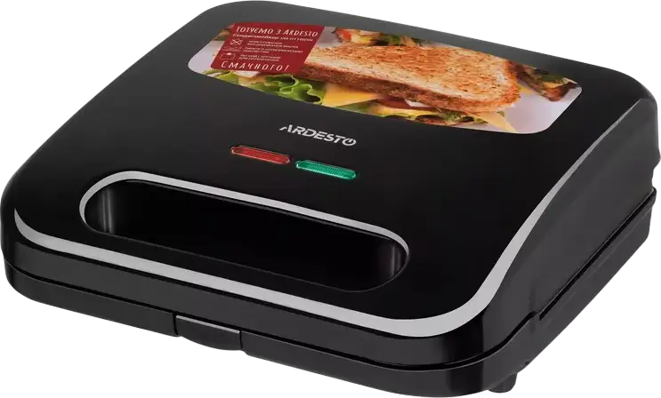 Сэндвичница Ardesto SM-H110BSN, 700-800 Вт, антипригарные пластины 23x13 см, на 4 порции, защита от перегрева, замок на ручке, черный