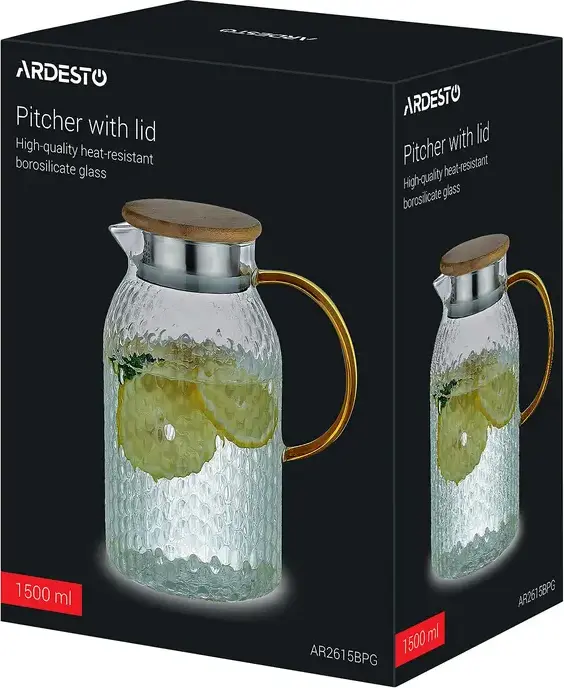 Ulcior Ardesto AR2615BPG Dew, 1.5L Sticla Borosilicata Rezistenta la Cald, Textura Ciurita, Capac Bambus si Inox cu Filtru, Maner Auriu