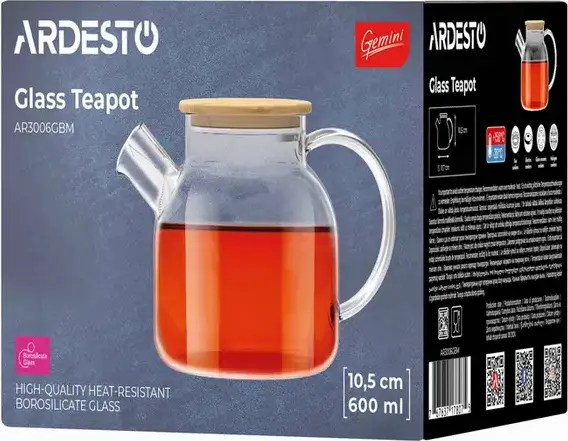 Ardesto Gemini AR3006GBM Glass Teapot with Metal Infuser and Bamboo Lid, 0.6L, Transparent