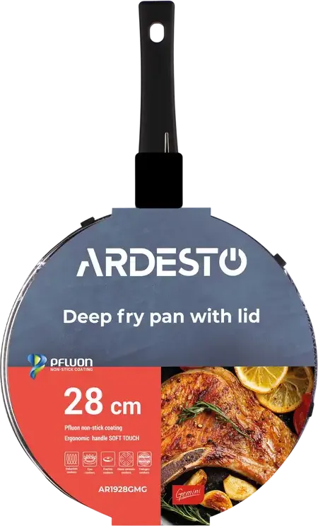 Ardesto AR1928GMG Gemini Gourmet Non-Stick Aluminum Frypan with Glass Lid, 28 cm, PFLUON Coating, Induction Compatible, Set of 2 Pieces