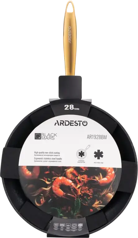 Tiga pentru clape Ardesto AR1928BM Black Mars Sparkle, Aluminiu Non-Stick, 28 cm, Înveliș PFLUON, Mâner din Oțel Inoxidabil Auriu, Negru