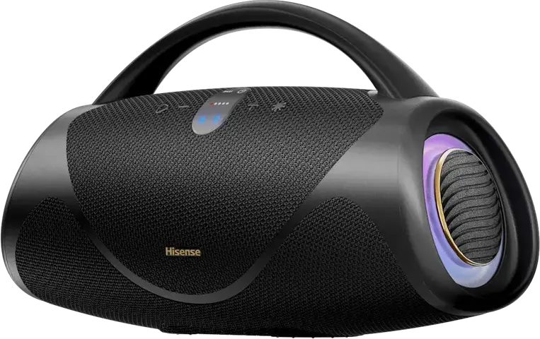 Boxa Portabila Bluetooth Hisense VoyageBoom, Rezistenta la Apa IP67, Sistem Audio 2.1 CH cu Subwoofer, Baterie 10200mAh, Powerbank, Radio FM, Negru