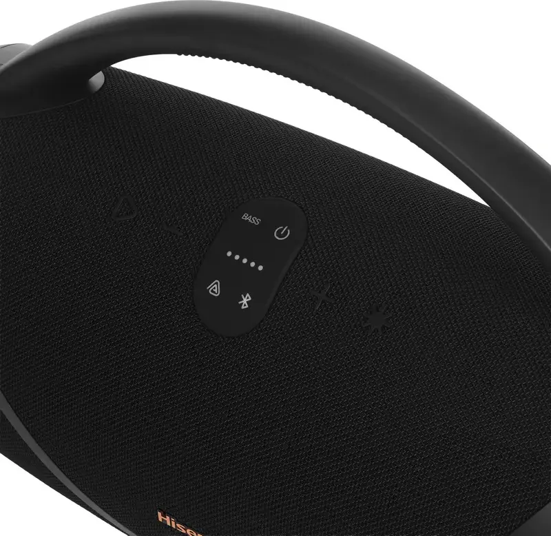 Boxa Portabila Bluetooth Hisense VoyageBoom, Rezistenta la Apa IP67, Sistem Audio 2.1 CH cu Subwoofer, Baterie 10200mAh, Powerbank, Radio FM, Negru