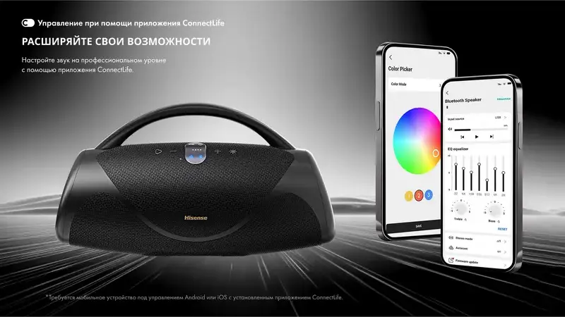 Boxa Portabila Bluetooth Hisense VoyageBoom, Rezistenta la Apa IP67, Sistem Audio 2.1 CH cu Subwoofer, Baterie 10200mAh, Powerbank, Radio FM, Negru