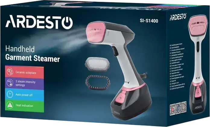 Ardesto SI-S1400 Handheld Garment Steamer, 1400W, 22g/min Steam Flow, Auto-off, Easy Fill Water Tank, White/Black/Pink, Set of 2 Nozzles