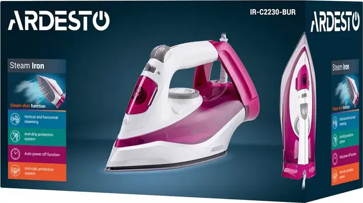 Fier de calcat cu abur Ardesto IR-C2230-BUR, 2200W, Talpa Ceramică, Rezervor 300ml, Boost Abur 120g/min, Anti-calc, Anti-picurare, Set de 2 piese cu Doc-station