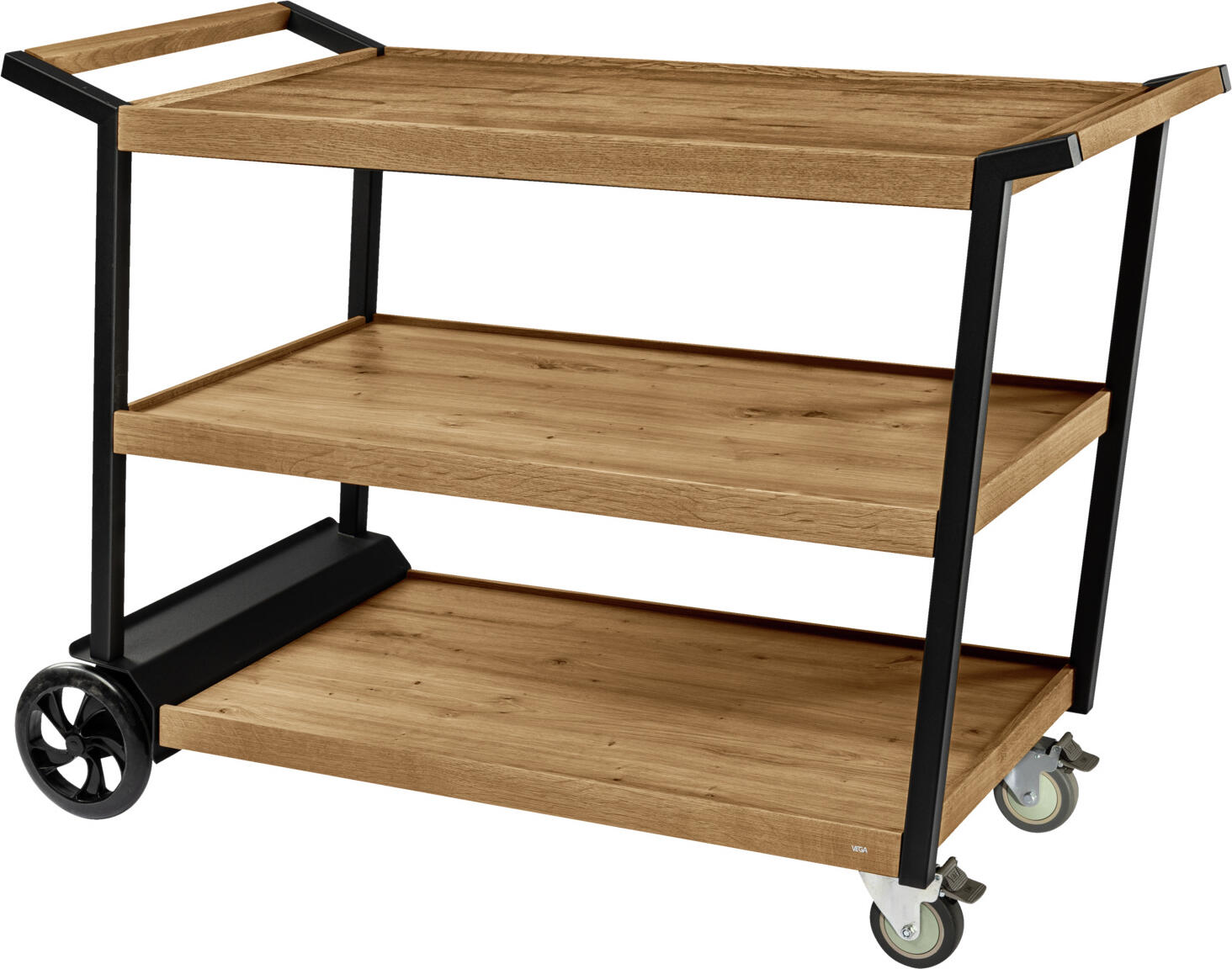 VEGA Aterno Serving Trolley, Antique Oak, 3-Shelf Mobile Sideboard, Powder-Coated Steel Frame with Solid Oak Moulding, 125x58x93 cm, 25kg Load per Shelf