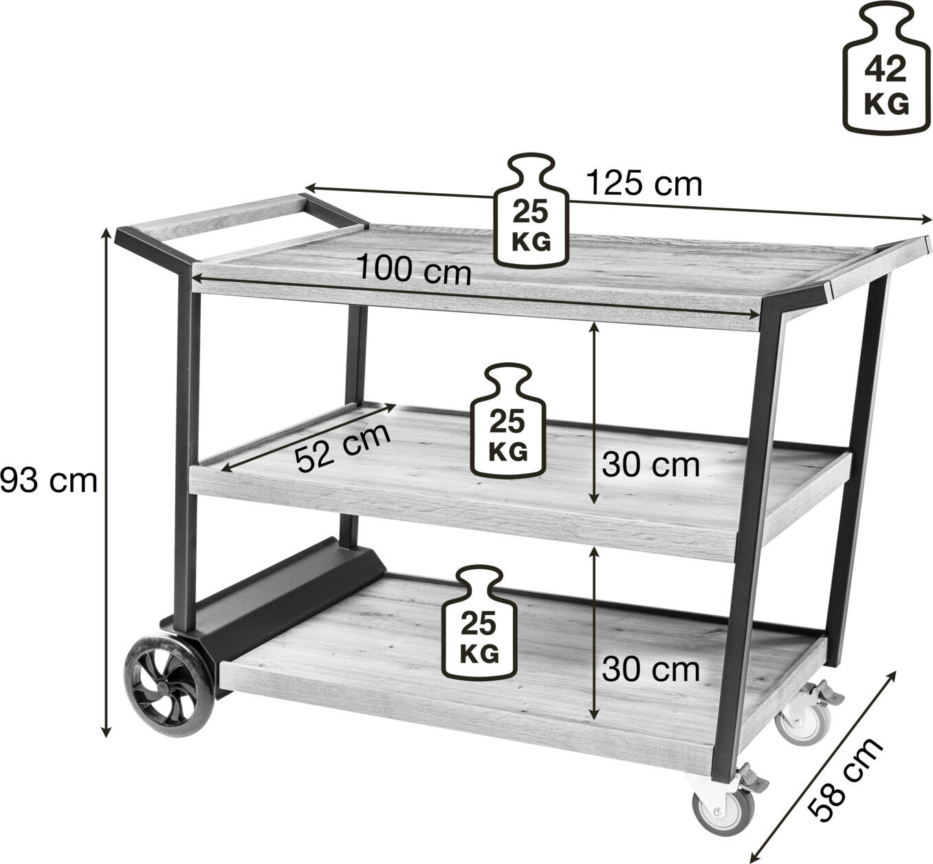 VEGA Aterno Serving Trolley, Antique Oak, 3-Shelf Mobile Sideboard, Powder-Coated Steel Frame with Solid Oak Moulding, 125x58x93 cm, 25kg Load per Shelf