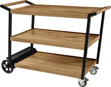 VEGA LUSINI Solutions GmbH Serving trolley Aterno Servierwagen Aterno Serving trolley Aterno; 125x58x93 cm (WxDxH); antique oak Servierwagen Aterno; 125x58x93 cm (BxTxH); eiche antik With the Aterno serving trolley, you can rely on a successful combination of functionality and high-quality design. Whether for presentation, transport or as a mobile sideboard - Aterno impresses with well thought-out details and durable quality. With a powder-coated steel frame, 3 wooden shelves and all-round solid oak mouldings. The sturdy, welded frame ensures a long service life and the three shelves provide sufficient space for a variety of applications. The smooth-running castors allow the trolley to be moved effortlessly, even when fully loaded. Thanks to the parking brakes, the trolley stands securely in place when it is not being moved. The steel frame is already assembled, only the wheels need to be attached and the boards inserted. * 3 spacious shelves with all-round ledge for ideal transport and presentation of food, drinks, table accessories such as cutlery, napkins, etc. * Each shelf is stable and has a load capacity of up to 25 kg per level * Rubber studs are located on the frame to prevent the shelves from slipping * Rigid rear wheels, 200 mm diameter, made of solid rubber * 2 front swivel castors, 125 mm diameter, solid rubber with brake * Available in the colours wild oak and antique oak, matching the Baristo range Mit dem Servierwagen Aterno setzen Sie auf eine gelungene Verbindung von Funktionalität und hochwertigem Design. Ob zur Präsentation, zum Transport oder als mobiles Sideboard – Aterno überzeugt durch durchdachte Details und langlebige Qualität. Mit pulverbeschichtetem Stahlgestell, 3 Einlegeböden aus Holzwerkstoff und umlaufenden Leisten aus massivem Eichenholz. Das stabile, fest verschweißte Gestell sorgt für eine lange Lebensdauer und die drei Einlegeböden bieten ausreichend Platz für eine Vielzahl von Anwendungen. Die leichtgängigen Rollen ermöglichen ein müheloses Bewegen des Wagens, selbst bei voller Beladung. Dank der Feststellbremsen steht der Wagen sicher an Ort und Stelle, wenn er nicht bewegt werden soll. Das Stahlgestell ist bereits montiert, lediglich die Räder sind zu befestigen und die Platten einzulegen. * 3 geräumige Einlegeböden mit umlaufender Leiste für den idealen Transport und Präsentation von Speisen, Getränken, Tischzubehör wie Besteck, Servietten etc. * jeder Einlegeboden ist stabil und hat eine Tragkraft von bis zu 25 kg pro Ebene * Gumminoppen befinden sich auf dem Gestell um ein Verrutschen der Böden zu verhindern * hintere Räder starr, 200 mm Durchmesser, aus Vollgummi * vorne 2 Lenkrollen, 125 mm Durchmesser, aus Vollgummi mit Bremse * erhältlich in den Farben wildeiche und eiche antik, passend zur Serie Baristo