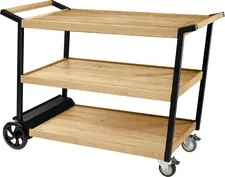 VEGA LUSINI Solutions GmbH Serving trolley Aterno Servierwagen Aterno Serving trolley Aterno; 125x58x93 cm (WxDxH); wild oak Servierwagen Aterno; 125x58x93 cm (BxTxH); wildeiche With the Aterno serving trolley, you can rely on a successful combination of functionality and high-quality design. Whether for presentation, transport or as a mobile sideboard - Aterno impresses with well thought-out details and durable quality. With a powder-coated steel frame, 3 wooden shelves and all-round solid oak mouldings. The sturdy, welded frame ensures a long service life and the three shelves provide sufficient space for a variety of applications. The smooth-running castors allow the trolley to be moved effortlessly, even when fully loaded. Thanks to the parking brakes, the trolley stands securely in place when it is not being moved. The steel frame is already assembled, only the wheels need to be attached and the boards inserted. * 3 spacious shelves with all-round ledge for ideal transport and presentation of food, drinks, table accessories such as cutlery, napkins, etc. * Each shelf is stable and has a load capacity of up to 25 kg per level * Rubber studs are located on the frame to prevent the shelves from slipping * Rigid rear wheels, 200 mm diameter, made of solid rubber * 2 front swivel castors, 125 mm diameter, solid rubber with brake * Available in the colours wild oak and antique oak, matching the Baristo range Mit dem Servierwagen Aterno setzen Sie auf eine gelungene Verbindung von Funktionalität und hochwertigem Design. Ob zur Präsentation, zum Transport oder als mobiles Sideboard – Aterno überzeugt durch durchdachte Details und langlebige Qualität. Mit pulverbeschichtetem Stahlgestell, 3 Einlegeböden aus Holzwerkstoff und umlaufenden Leisten aus massivem Eichenholz. Das stabile, fest verschweißte Gestell sorgt für eine lange Lebensdauer und die drei Einlegeböden bieten ausreichend Platz für eine Vielzahl von Anwendungen. Die leichtgängigen Rollen ermöglichen ein müheloses Bewegen des Wagens, selbst bei voller Beladung. Dank der Feststellbremsen steht der Wagen sicher an Ort und Stelle, wenn er nicht bewegt werden soll. Das Stahlgestell ist bereits montiert, lediglich die Räder sind zu befestigen und die Platten einzulegen. * 3 geräumige Einlegeböden mit umlaufender Leiste für den idealen Transport und Präsentation von Speisen, Getränken, Tischzubehör wie Besteck, Servietten etc. * jeder Einlegeboden ist stabil und hat eine Tragkraft von bis zu 25 kg pro Ebene * Gumminoppen befinden sich auf dem Gestell um ein Verrutschen der Böden zu verhindern * hintere Räder starr, 200 mm Durchmesser, aus Vollgummi * vorne 2 Lenkrollen, 125 mm Durchmesser, aus Vollgummi mit Bremse * erhältlich in den Farben wildeiche und eiche antik, passend zur Serie Baristo