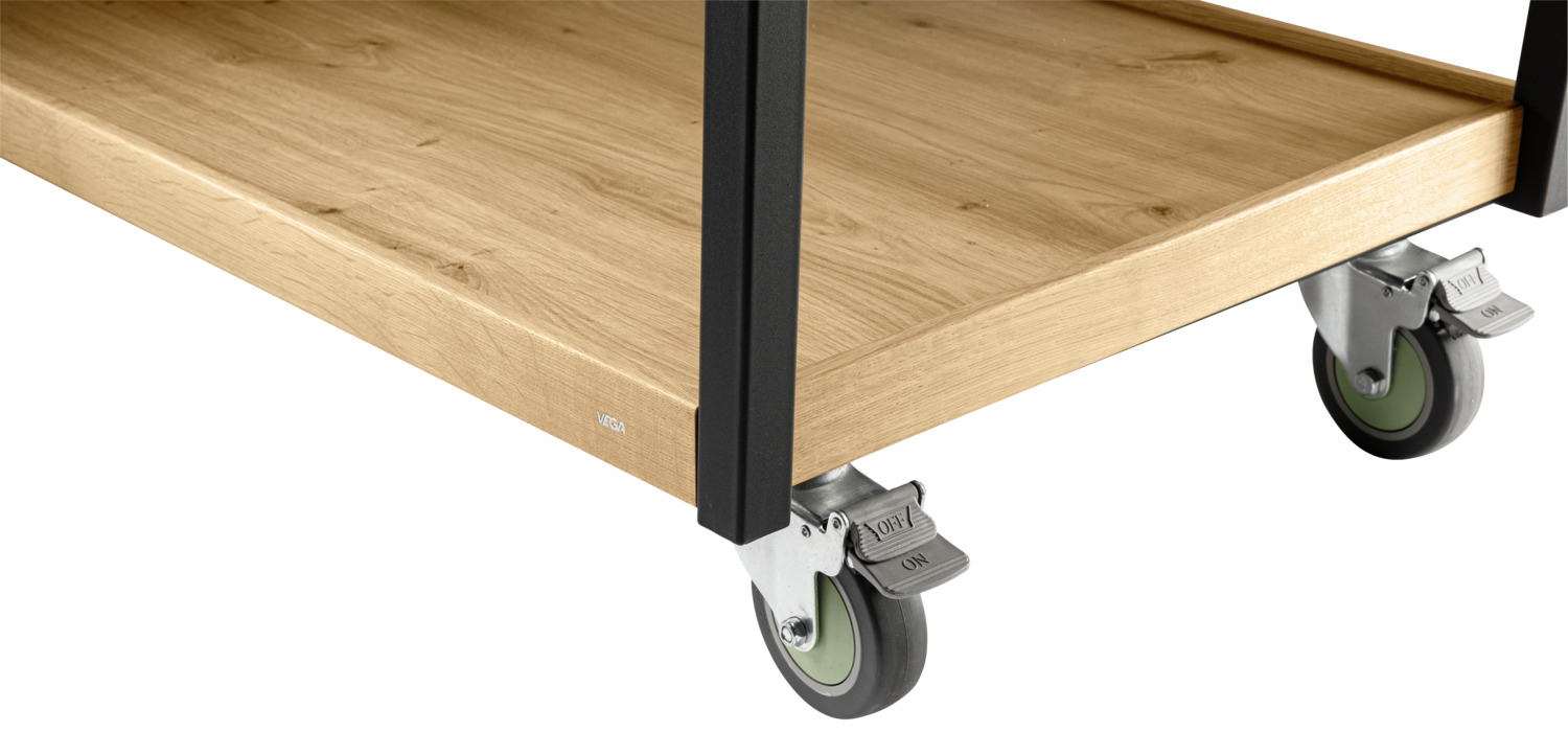 Carucas de Servire VEGA Aterno, Bufet Mobil cu 3 Rafturi, Stejar Salbat, Cadru Otel Vopsit in Praf si Marginis din Stejar Masiv, 125x58x93 cm, Capacitate 25kg/Raft