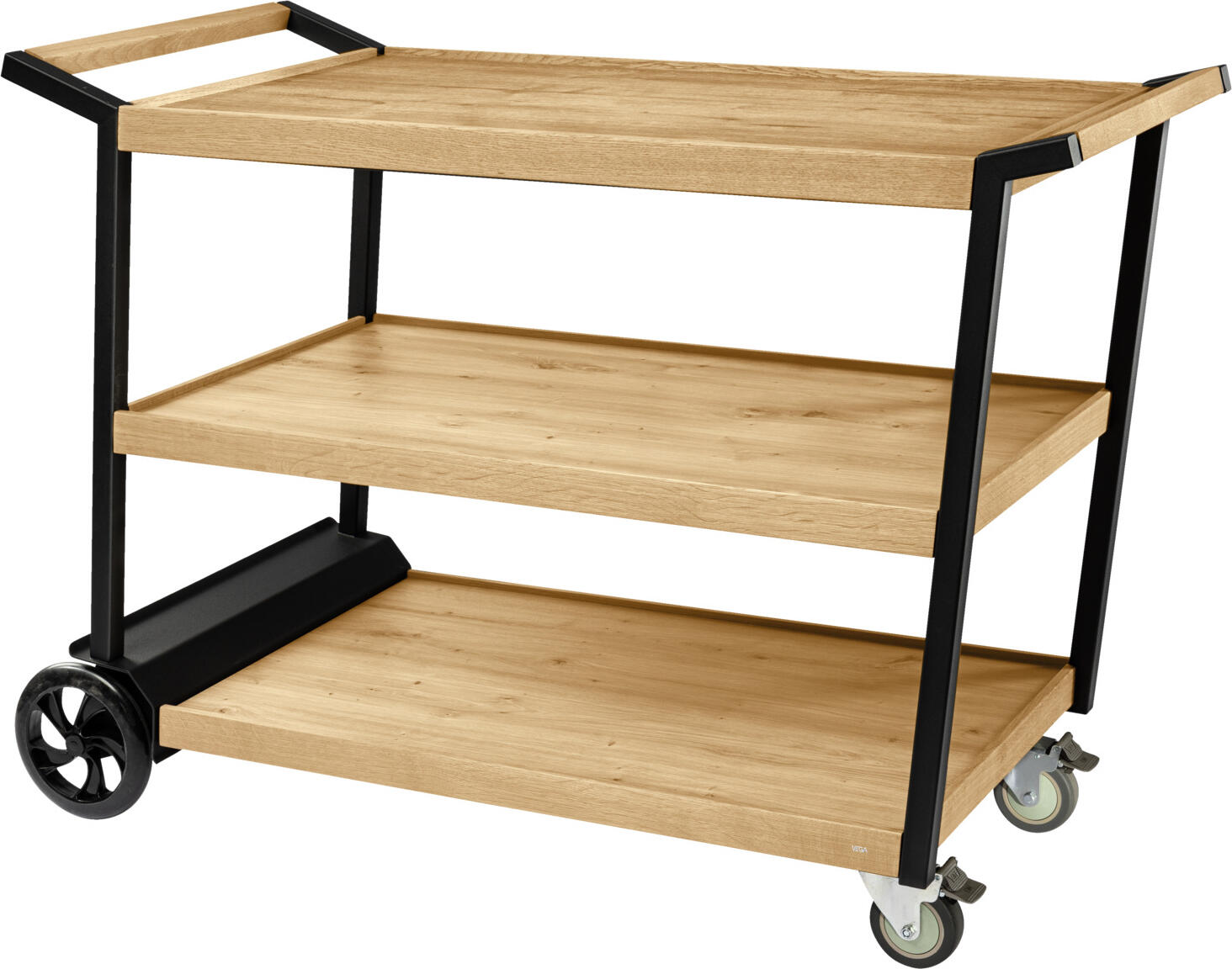 Carucas de Servire VEGA Aterno, Bufet Mobil cu 3 Rafturi, Stejar Salbat, Cadru Otel Vopsit in Praf si Marginis din Stejar Masiv, 125x58x93 cm, Capacitate 25kg/Raft