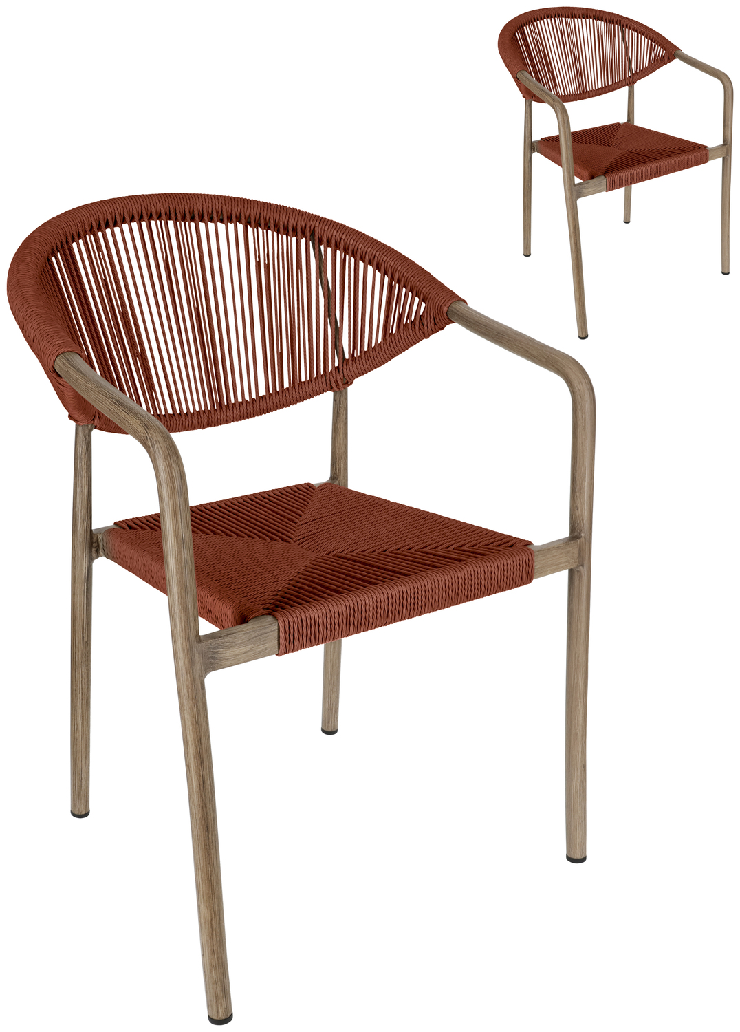 VEGA LUSINI Solutions GmbH Outdoor chair Arion Outdoor-Stuhl Arion Outdoor chair Arion; 50x43x85 cm (WxDxH); seat terracotta, base dark-brown; 2 piece / pack Outdoor-Stuhl Arion; 50x43x85 cm (BxTxH); Sitz terrakotta, Gestell dunkelbraun; 2 Stück / Pack Choose an outdoor chair that perfectly combines design and function for your restaurant, café or hotel. The sturdy aluminium frame in a modern wood look provides a professional look, while the robust Rope polyester covering can withstand the toughest demands of everyday catering. The chair is weatherproof, UV-resistant and quick-drying - ideal for outdoor areas that are frequently cleaned or used in all weathers. Thanks to the stackable design, you can stow your seating quickly and efficiently, which is a great advantage, especially when changing usage times or events. Plastic glides protect floor surfaces and make handling easier. The outdoor chair is supplied fully assembled - perfect for quick set-up without additional effort. * Gastro outdoor chair with aluminium frame in a modern wood look * Hard-wearing Rope covering - ideal for the catering and hotel industry * Weatherproof patio chair for restaurants, cafés & bars * UV-resistant & quick-drying - perfect for outdoor use * Stackable catering chair - space-saving & flexible * Ready for immediate use thanks to assembled delivery Setzen Sie in Ihrem Restaurant, Café oder Hotel auf einen Outdoorstuhl, der Design und Funktion perfekt vereint. Das stabile Aluminiumgestell in moderner Holzoptik sorgt für professionellen Look, während die robuste Rope-Bespannung aus Polyester höchsten Beanspruchungen im Gastro-Alltag standhält. Der Stuhl ist wetterfest, UV-beständig und schnelltrocknend – ideal für Außenbereiche, die häufig gereinigt oder bei jedem Wetter genutzt werden. Dank des stapelbaren Designs können Sie Ihre Bestuhlung schnell und effizient verstauen, was besonders bei wechselnden Nutzungszeiten oder Events ein großer Vorteil ist. Kunststoffgleiter schützen Bodenflächen und erleichtern das Handling. Der Outdoorstuhl wird komplett montiert geliefert – perfekt für eine schnelle Inbetriebnahme ohne zusätzlichen Aufwand. * Gastro Outdoorstuhl mit Aluminiumgestell in moderner Holzoptik * strapazierfähige Rope-Bespannung – ideal für Gastronomie & Hotellerie * Wetterfester Terrassenstuhl für Restaurant, Café & Bar * UV-beständig & schnelltrocknend – perfekt für den Außenbereich * Stapelbarer Gastrostuhl – platzsparend & flexibel * sofort einsatzbereit dank montierter Lieferung