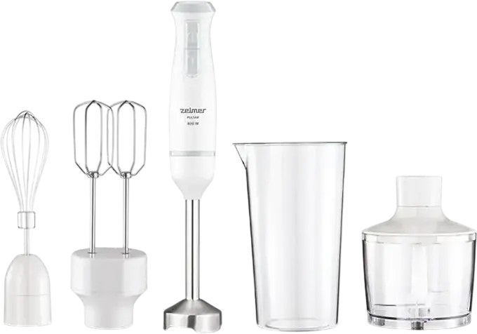 Zelmer ZHB4563S Pulsar Deluxe Hand Blender Set of 5, 800W, Stainless Steel Blades, White, with Chopper, Whisk, Beater and 0.8L Beaker