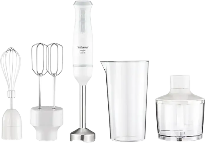 Zelmer ZHB4563S Pulsar Deluxe Hand Blender Set of 5, 800W, Stainless Steel Blades, White, with Chopper, Whisk, Beater and 0.8L Beaker