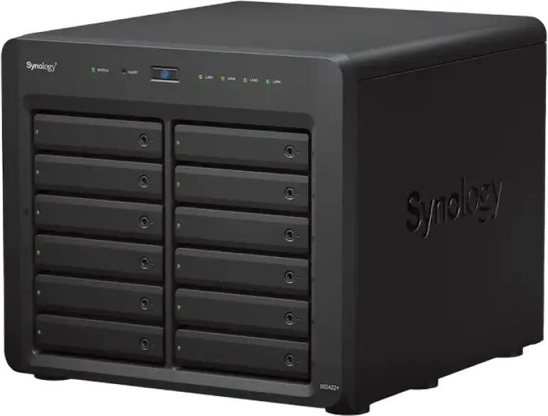 Synology DS2422+ Network Attached Storage (NAS) Disk Station, AMD Ryzen V1500B 4-Core 2.2 GHz, 4 GB DDR4, 12-Bay Hot Swappable, 4x 1GbE LAN, Black