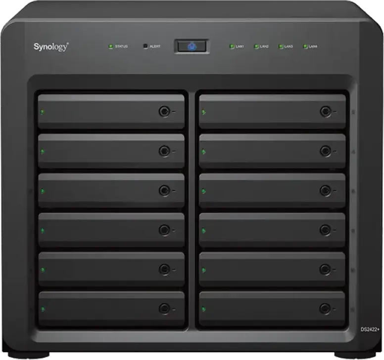 Synology DS2422+ Network Attached Storage (NAS) Disk Station, AMD Ryzen V1500B 4-Core 2.2 GHz, 4 GB DDR4, 12-Bay Hot Swappable, 4x 1GbE LAN, Black