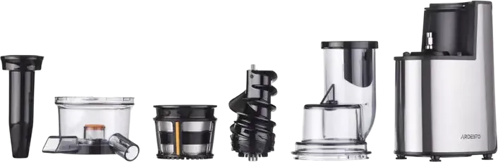Sorcator de fructe si legume Ardesto JEG-1330SL Slow Juicer, 200W, Inox, Capacitate 0.6L, Argintiu, cu Set de 2 Recipiente si Periuta de Curatare