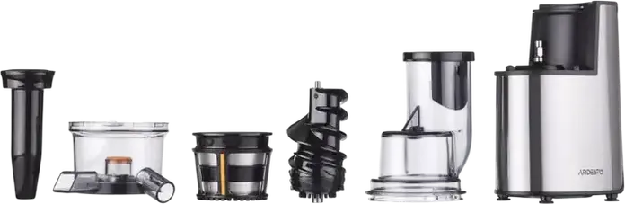 Sorcator de fructe si legume Ardesto JEG-1330SL Slow Juicer, 200W, Inox, Capacitate 0.6L, Argintiu, cu Set de 2 Recipiente si Periuta de Curatare