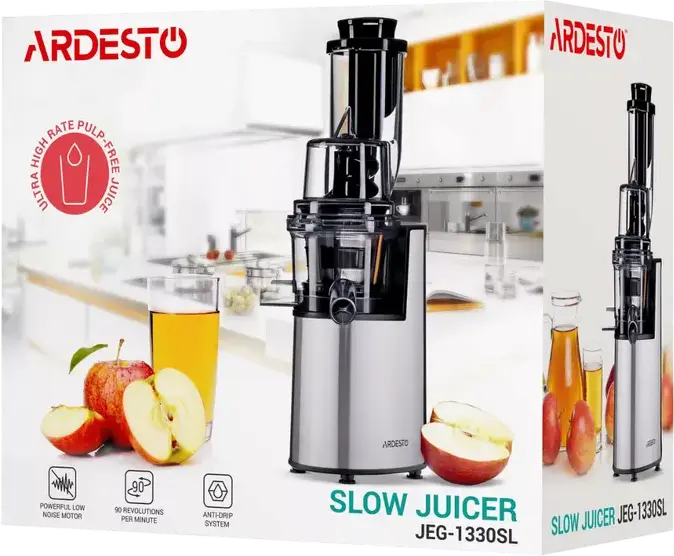 Sorcator de fructe si legume Ardesto JEG-1330SL Slow Juicer, 200W, Inox, Capacitate 0.6L, Argintiu, cu Set de 2 Recipiente si Periuta de Curatare