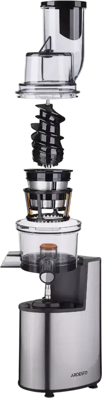 Sorcator de fructe si legume Ardesto JEG-1330SL Slow Juicer, 200W, Inox, Capacitate 0.6L, Argintiu, cu Set de 2 Recipiente si Periuta de Curatare