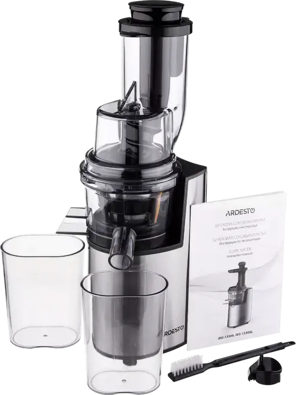 Sorcator de fructe si legume Ardesto JEG-1330SL Slow Juicer, 200W, Inox, Capacitate 0.6L, Argintiu, cu Set de 2 Recipiente si Periuta de Curatare