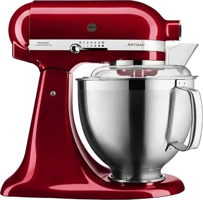 Планетарный миксер KitchenAid Artisan 5KSM185PSECA, 300 Вт, металлический корпус, цвет Candy Apple Red, чаши из нержавеющей стали 4,8 л и 3 л, набор из 5 принадлежностей